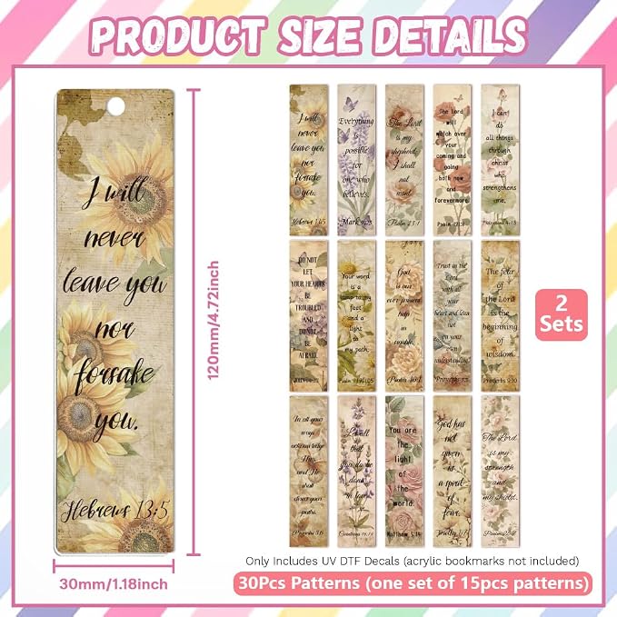 Peacoblue 30pcs UV DTF Bookmarks Transfer Stickers Wraps Vintage Flowers and Bible for Women Men Reading, Waterproof Bookmarkers Decal(No Blank Bookmarks) for Acrylic Plastic Metal Blank Bookmark