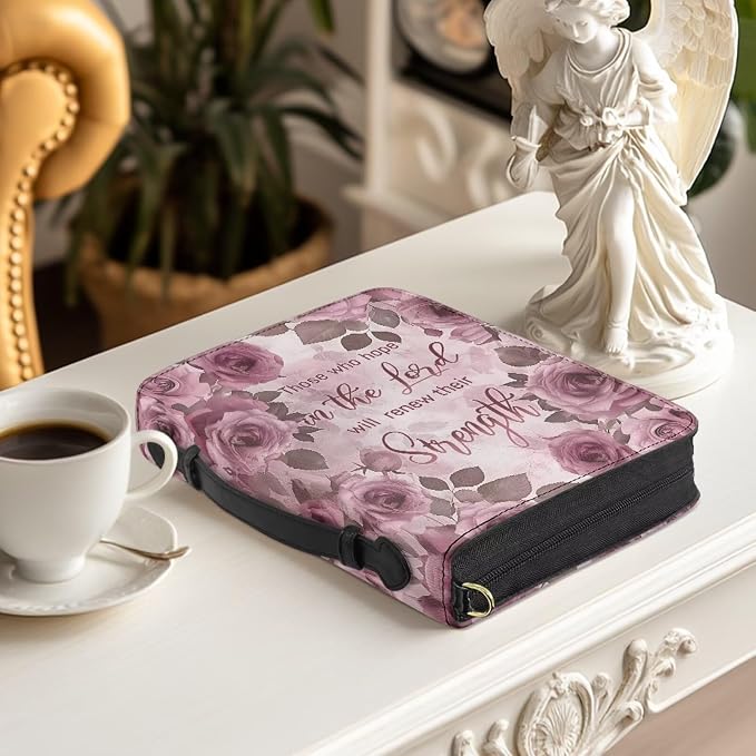PU Leather Bible Cover,Pink Rose Print with Shoulder Strap XXL | Bible Cover with Strap and Handle,PU Leather Bible Protecto, Inner Pockets and Pen Loop, Bible Study Supplies for Girls
