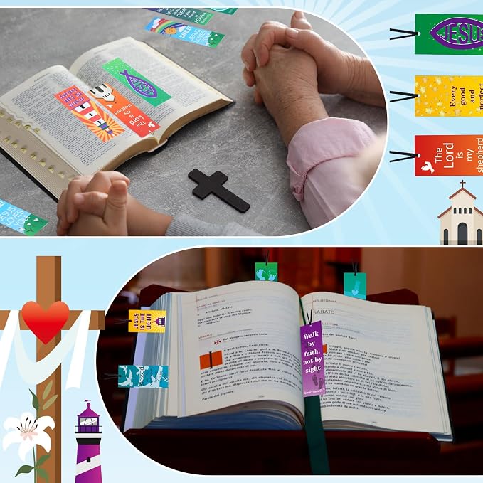 PerKoop 60 Pcs Christian Bookmarks Bulk Religious Bible Verse Bookmarks VBS Gifts with Motivational Scriptures for Vacation Sunday School Reading Supplies Gifts