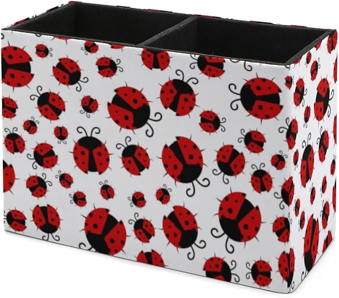 Pen Holder, Pencil Holder for Desk Organizer, Summer Red Ladybugs PU Leather Pencil Cups Desktop Stationery Storage Makeup Brush Holder Pen Organizer for Office Home