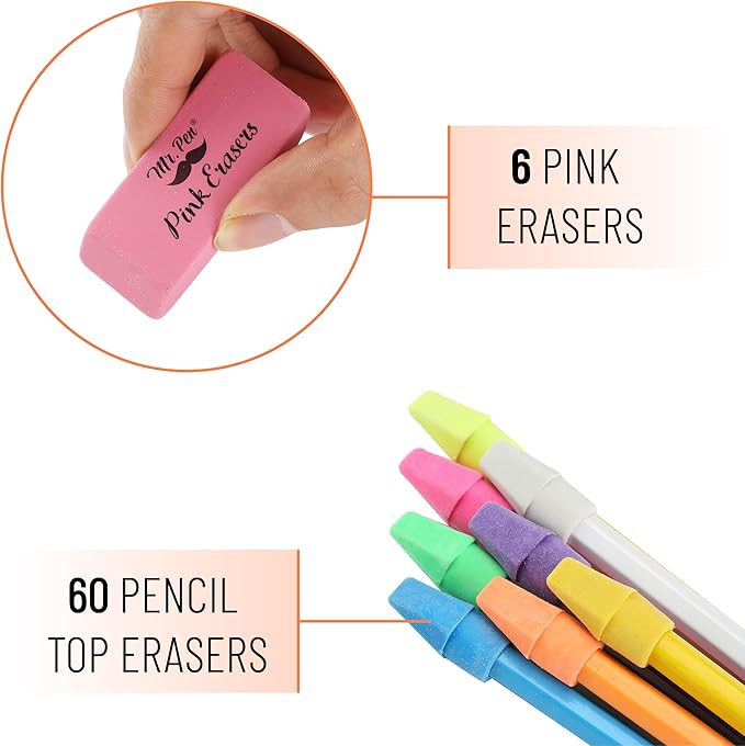 Mr. Pen- School Eraser Combination Set, 60 Pack, Assorted Colors, Latex Free Erasers for School, Office, Art Sketching, Homework, Exams, Clean Smudge-Free Correction