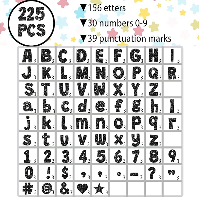 225Pcs Glitter Bulletin Board 4inch Letters with Adhesive Dots Punctuation Symbols Cutout for Classroom Numbers Alphabet School Display Decorating Supplies (Black)