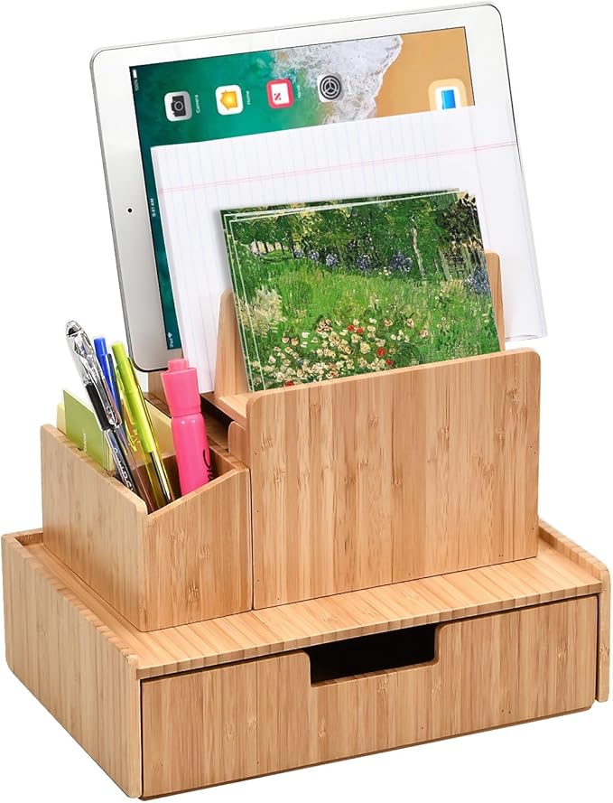 MobileVision Bamboo Office Organizer Complete Set INCLUDES: Charging Station, Pencil & Pen Holder w/Tray for Notepads, Drawer for Office Supplies & Stationary