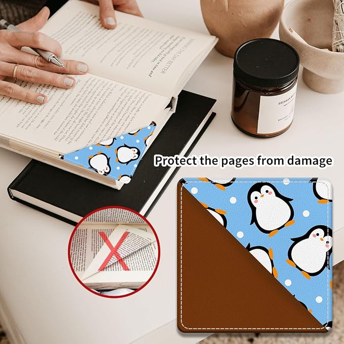 Cute Leather Bookmarks, Fun Triangle Making Corner Bookmark, Book Accessories for Reading Book Lovers, Unbreakable Page Markers for Women Men Cute Blue Penguin
