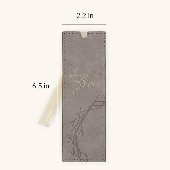 Christian Art Gifts Faux Leather Scripture Bookmark for Men & Women: Amazing Grace with Golden Encouraging Bible Verse, Debossed Crown of Thorns Design, Satin Ribbon Markers for Reading, Taupe & Gold