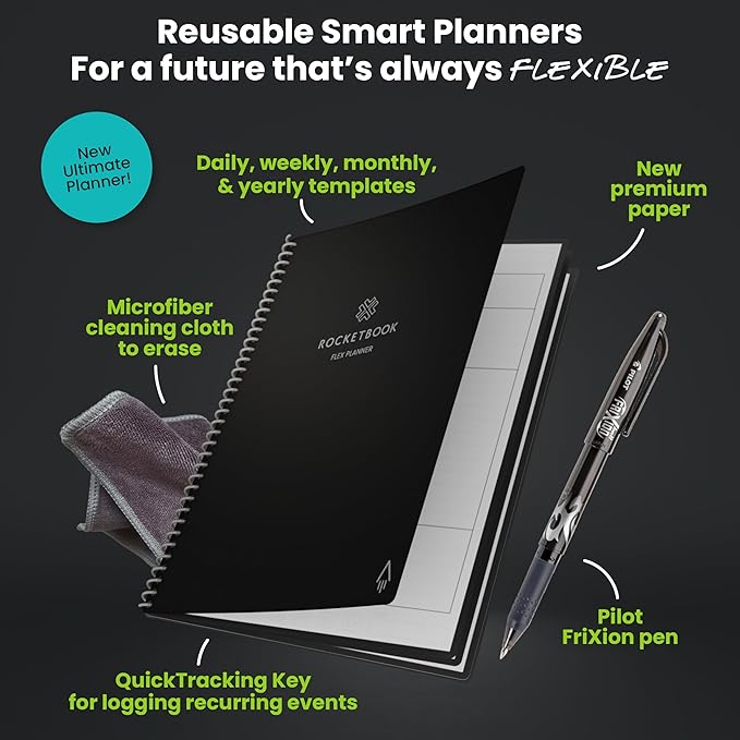 Rocketbook Flex Reusable Planner, Smart Undated, Daily, Weekly, Monthly, Annual Calendar Templates, Executive Size 6X8.8, Black (Pack of 1)