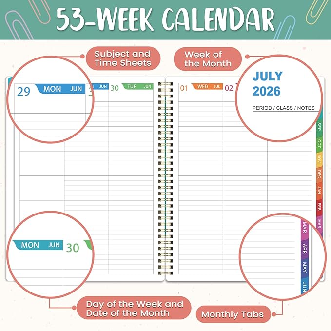 Teacher Planner 2026-2027 - Teacher Lesson Planners 2026-2027 from July 2026- June 2027, Academic Planner for School Year with Colorful Tabs and Inner Pocket, 8.5" x 11"