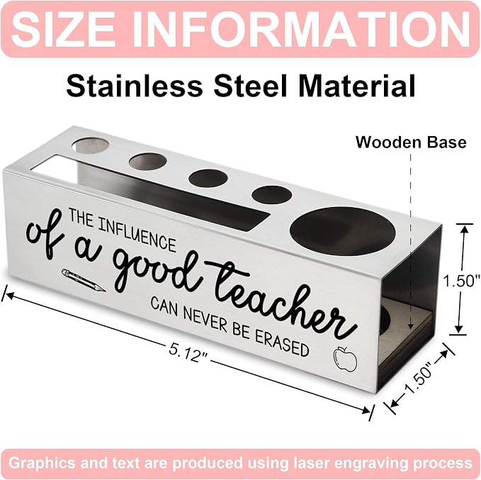 Stainless Steel Pencil Holder with Teacher Quote, Inspirational Gift for Educators Women Men, Thank You Desk Organizer for Pens Sticky Notes Rulers, Classroom Office Decor from Student - FBA386