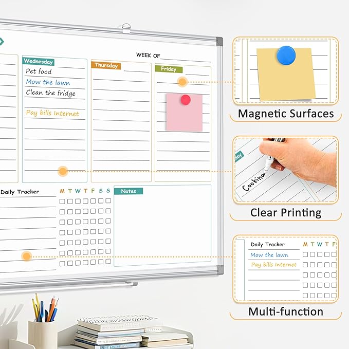 Weekly Calendar Dry Erase Whiteboard for Wall, 24"x18" Magnetic Weekly Planner White Board, Double Sided Hanging Daily Planning Board for Home, Office, School, Kitchen