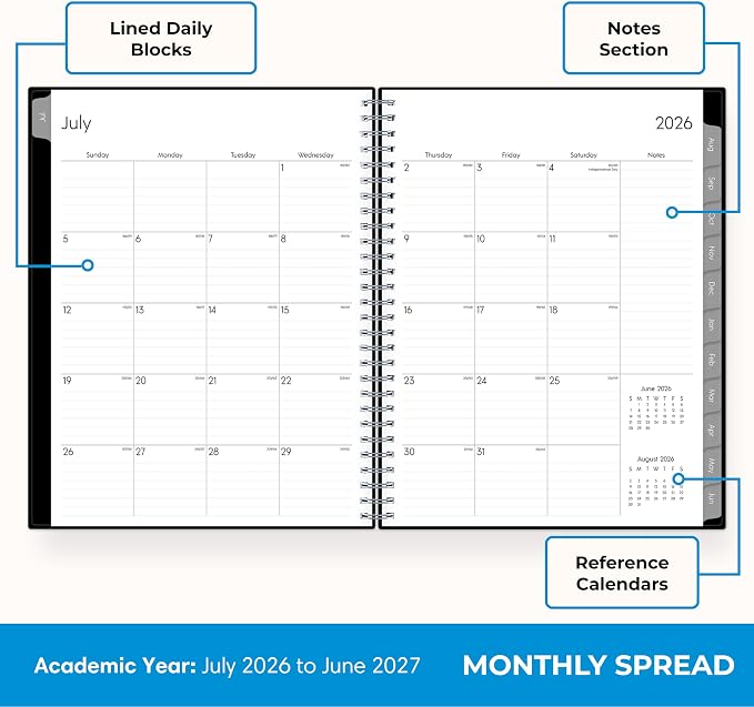Blue Sky Weekly and Monthly Academic Year Planner Calendar, July - June, 8" x 10.875", Flexible Cover, Wirebound, Laminated Tabs, Pound (Dainian- 2026/2027, 8" x 10.875")