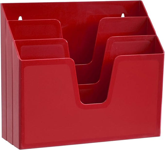 Acrimet Horizontal Triple File Folder Holder Organizer, Open Top Desktop Document Sorter for Letter Size Papers & Folders, Plastic (Solid Red)