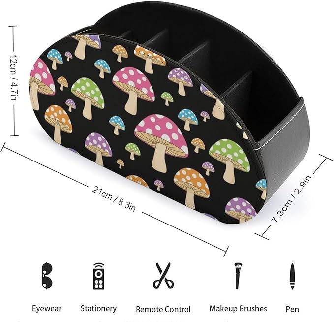 PU Leather Remote Control Caddy, 5-Slot Organizer for Bedside Table, Office Desk, and Living Room with Media Storage, Colorful Neon Mushroom