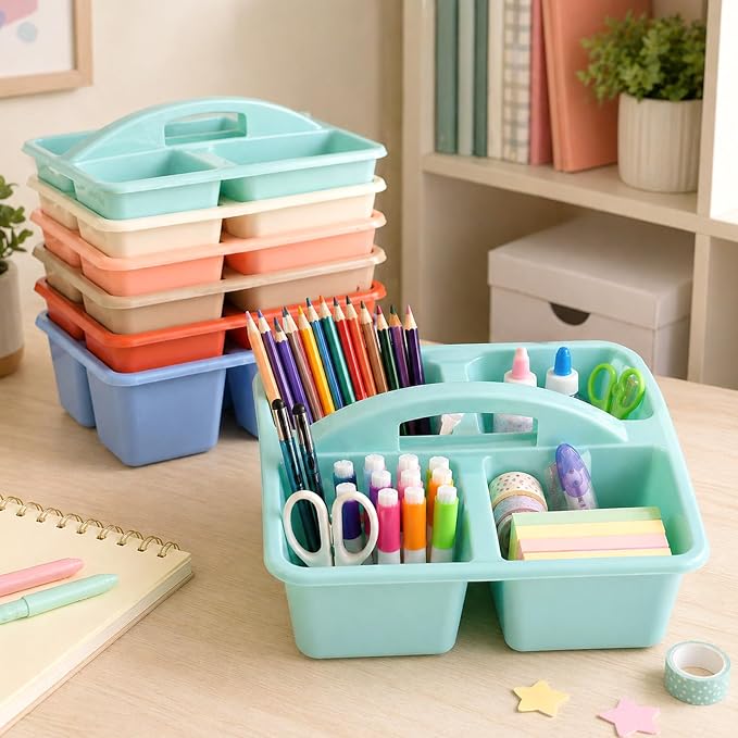 gisgfim 6 Pack Plastic Classroom Caddy with 4-Compartments Plastic Storage Caddies with Handle 4 Compartments Table Caddy Organizer Versatile Table Caddies for Classroom Office, Morandi Color