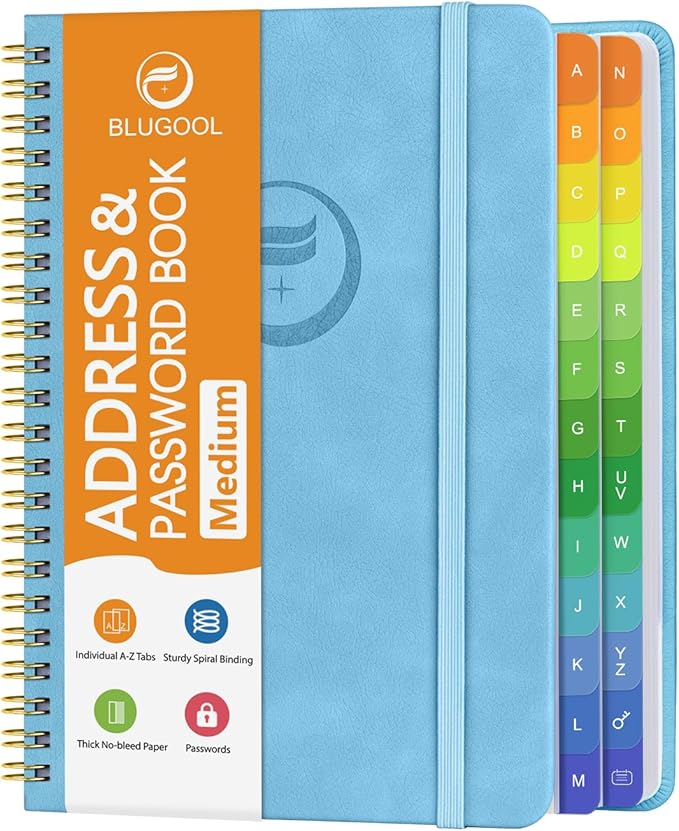 Address Book with Alphabetical Tabs-Address and Password Book for Seniors - Hardcover Spiral Bound Phone Book- Record Contacts,Website Login Passwords, Special Days -5.7" x 7.7", Blue