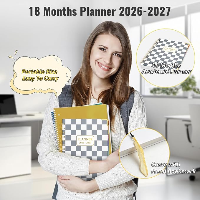 Daily Planner 2026-2027, 18 Month Planner with Tabs, January 2026 - June 2027 Weekly and Monthly Academic Year Calendar Spiral Time Management, 100GSM Thick Paper, Twin-Wire Binding, A5 Size, Checkered