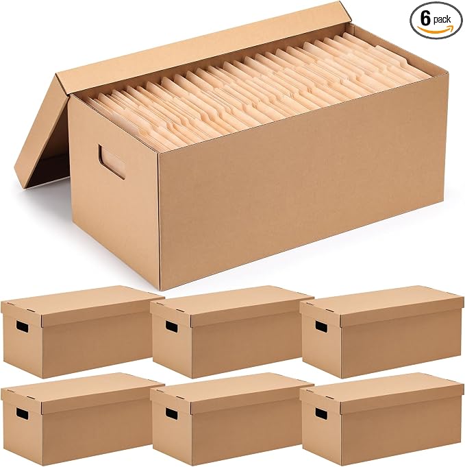 Mifoci 6 Pack File Storage Boxes with Lids, 24 x 12 x 10 Inch Medium Duty Cardboard Moving Boxes, Letter Size Document Organizer for Office Home Graduation Season Moving Storage (Brown)