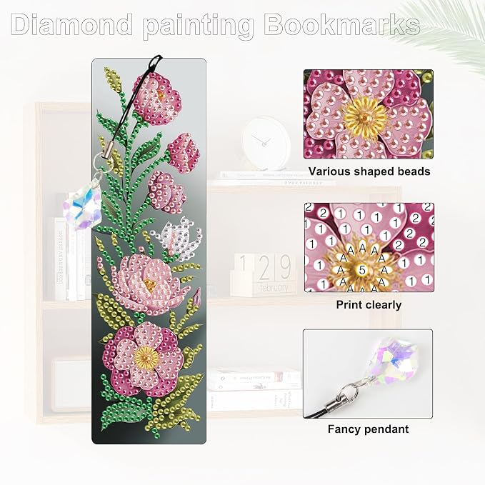 Tontut 3pcs Diamond Art Painting Kit Bookmarks, Pink Flower Exquisite Universal DIY Bookmarks, Lightweight and Durable, Suitable for Reading Lovers