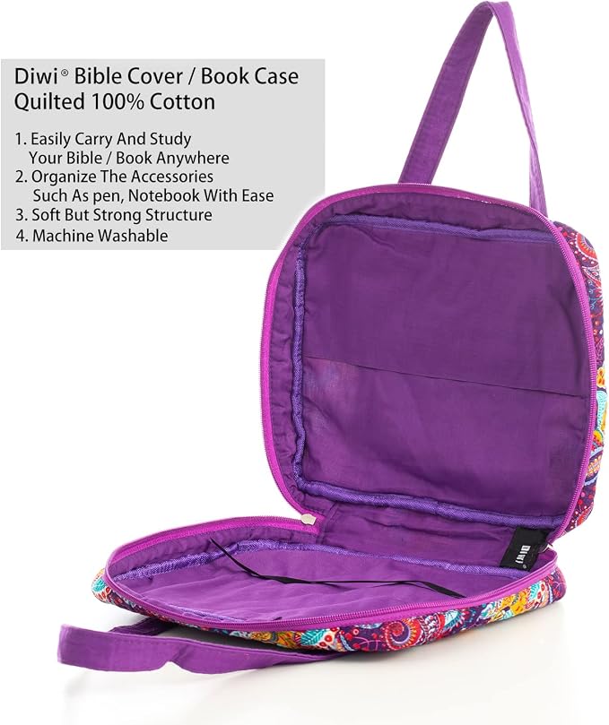 DIWI Quilted Bible Cover Large Sizes 10 X 7 X 2.75 Inches Bible Tote Good Book Case (L, C2 Purple Garden)