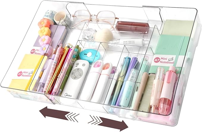 CEYAZYE Acrylic Expandable Drawer Organizer, Clear Makeup Vanity Dividers Trays with 8 Compartment, Versatile Desk Accessories Storage for Office Supplies Junk Silverware, (10.6"-16.9") x 10.6" x 2.3"