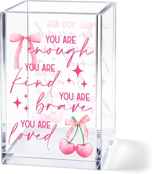 Acrylic Pen Holder Cup, Inspirational Affirmations Desk Decor, Positive Quotes Pencil Holder Organizer, Aesthetic Office Accessories, Encouragement Gift for Women Teen Girls