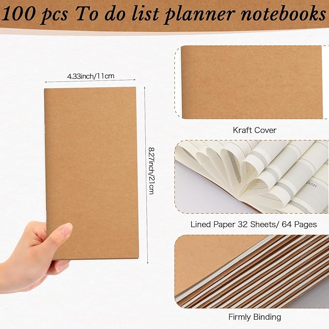 Qilery 100 Pcs 2026-2027 Daily Weekly Planner Bulk Employee Appreciation Gifts Small Pocket Journal to Do List Goals Notepad for Patient Access Week Nurse Team Coworkers Teacher (Kraft Paper Color)