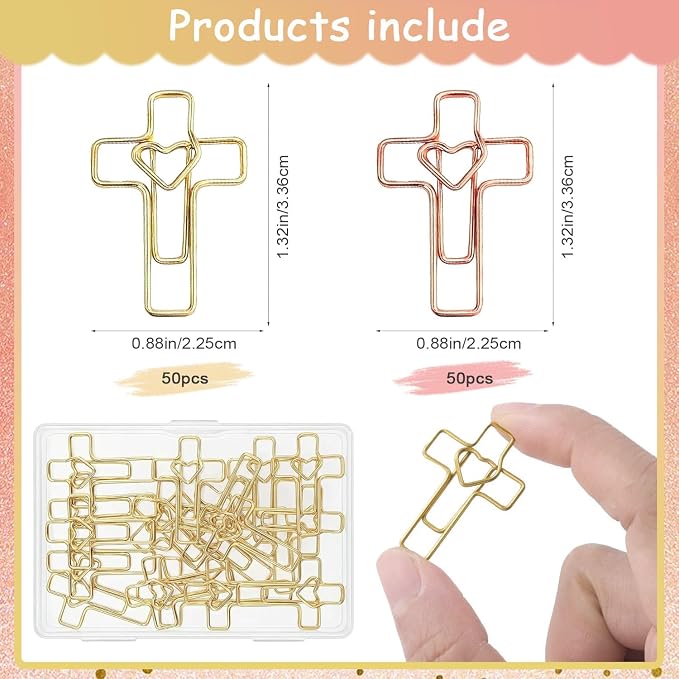 100 PCS Heart Cross Paper Clips for Bible Study Supplies,Christian Gifts,Jesus Bible Stuff Bookmark journaling Supplies Accessories, Easter Eggs fillers, Teacher Gifts (Gold and Rose)