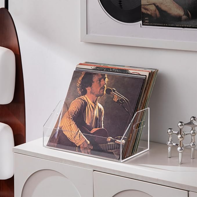 eletecpro No Assembly Acrylic Vinyl Record Storage Bin with Portable Handle, Fits 7/10/12 Inch and Holds Up to 40 LPs, Desktop Album Display Holder & Modern Multipurpose Organizer, Clear