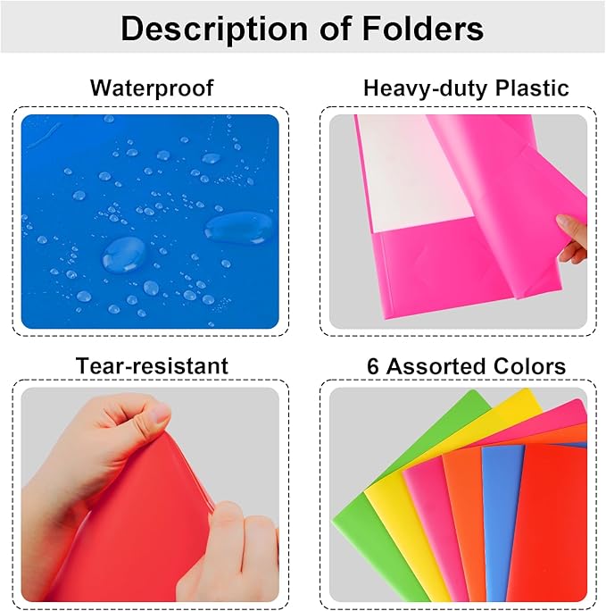 Plastic Folders with Pockets, 2 Pocket Folders Fit Letter Size Paper, Heavy Duty Paper File Folder with Business Card Holder for School Office Home Business (6 Pack, Assorted Colors)