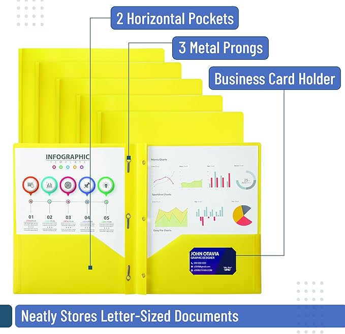 Mr. Pen- Plastic Folders with Pockets and Prongs, 36 Pack, Letter Size, Yellow, Flexible Plastic Folders with Prongs and Card Slot