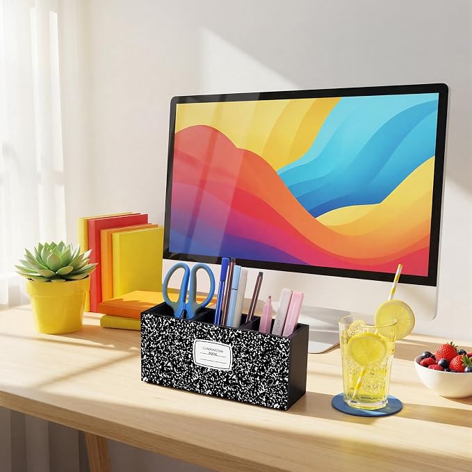 Feifeiya Composition Notebook Pen Holder for Desk Wooden Teacher Desk Organizer Back to School Decor Teacher Appreciation Gifts Pencil Holder for Home Office School Tabletop Shelf Decoration