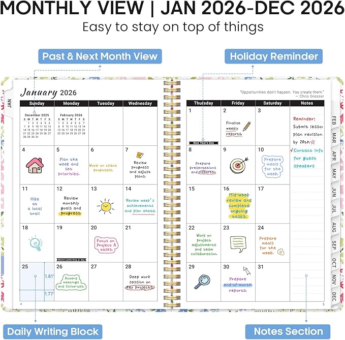 2026 Planner, Weekly and Monthly Calendar Planner Book, January 2026 - December 2026, Hardcover Spiral Planner with Monthly Tabs, Notes Pages, Perfect for Women & Men, A4 (8.5" x 11") - Ditsy
