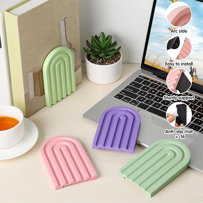 Harloon 4 Pcs Boho Arch Wooden Bookends, Decorative Rainbow Book Stoppers with Non-Slip Metal Base, 5x3x4 Inches, Cute Shelf Decor for Heavy Books, Home Office Study Desk Organizer(Pastel Color)