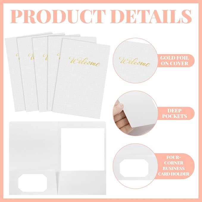Affrolling 25 Pack 6 x 9 Inch Welcome Pocket Folders Church Visitor Welcome Folder Presentation Folder Employee File Folders for Weddings, Party, Conference, Seminars, Bar Mitzvah (White Linen)