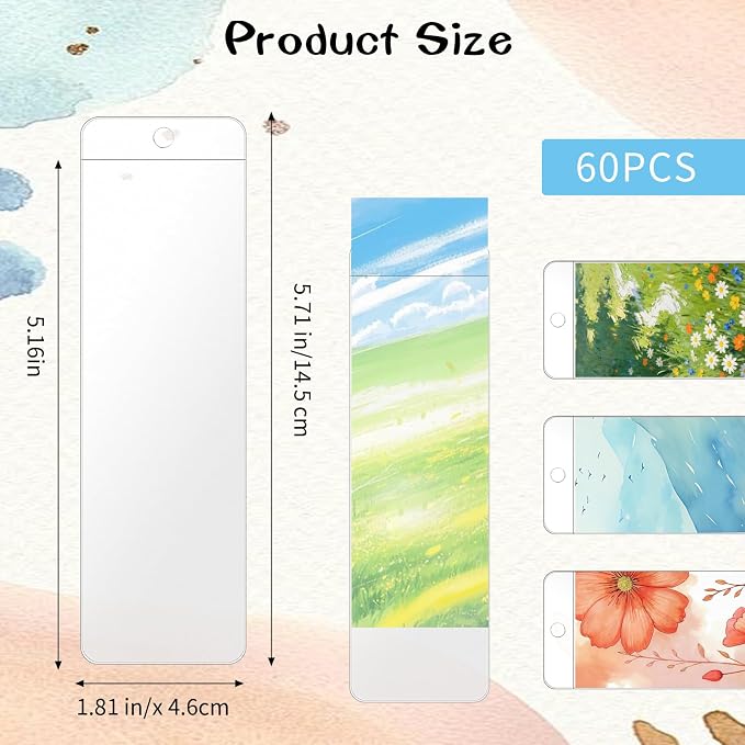 60 Pack Clear Bookmark Sleeves, 5.7 x 1.81in Blank Bookmark Holders with Hole, Thick Vinyl Book Markers Cover Holder for Reading, Office Use, Photo Booth, Wedding, Party Favor Decoration