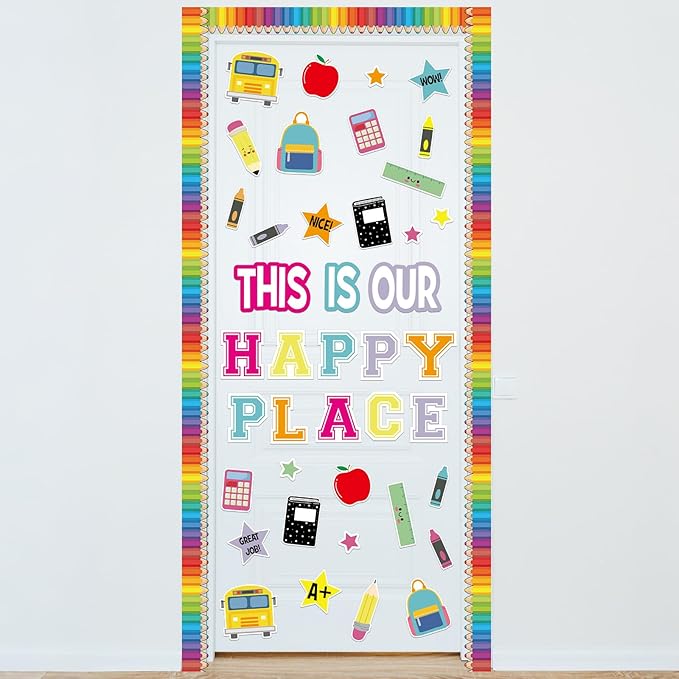 Mooliwe This is Our Happy Place Classroom Decor Welcome Back to School Bulletin Board Set DIY Paper Die Cuts Decorating Supplies for First Day of School Craft Classroom Wall Decor