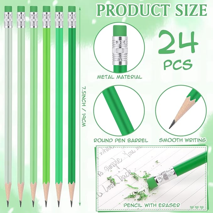 24 Pcs Round Pencils with Eraser 2 HB Cute Pencils Bulk for School Graphite Wood Color Unsharpened Pencil for Drawing Sketching Wedding School Teacher Supplies Student Reward(Green)