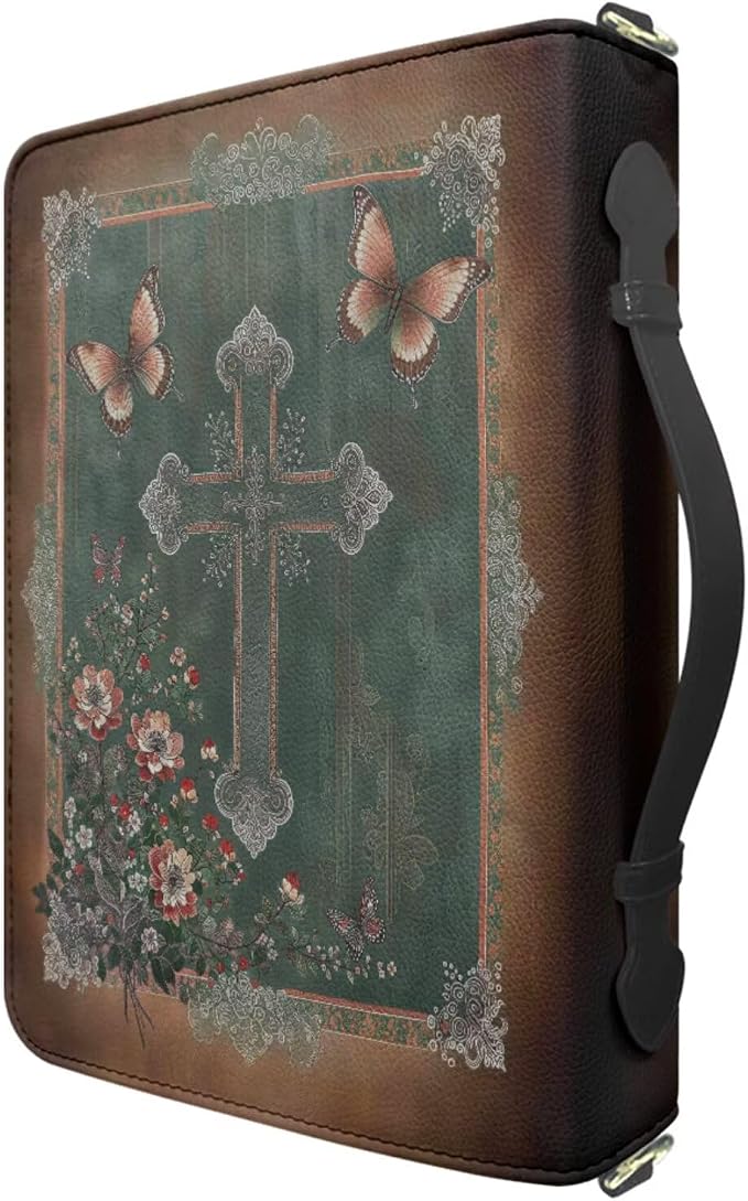 Large Bible Cover for Women, Green Bible Bag with Strap and Handle, Boho Crucifix Print PU Leather Biblia Carrier with Inner Pockets and Pen Loop, Christian Gifts for Women