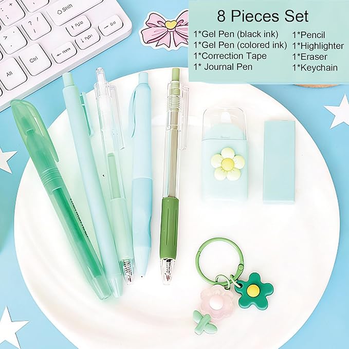 MOZXIRZ 8 Pcs Cute Green Stationery Set for Girls Boys Women Back to School Supplies Office Supplies Kawaii Candy Colors Stationery Gift Including Pen Pencil Highlighter Eraser (Green)