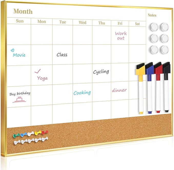Small Dry Erase Calendar Whiteboard for Wall, 16'' x 12'' Monthly White Board Planner with Gold Frame and Corkboard, Magetic Potable Wipe Board for Home Office School Dorm
