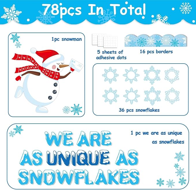 Winter Bulletin Board Decorations Snowflake Snowman Cutouts DIY Photo Craft We Are As Unique As Snowflakes Classroom Decor for Xmas Winter Season Christmas Holiday Home School Wall Door Party Supplies