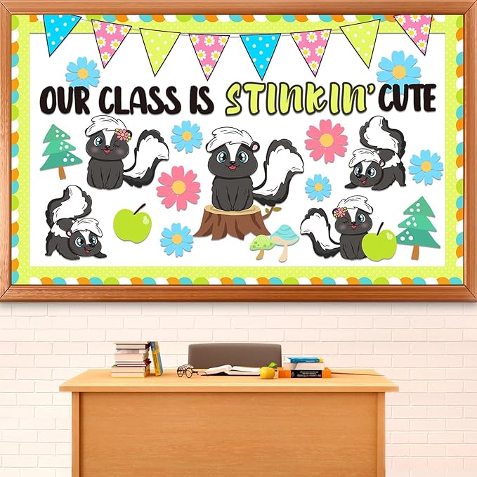 QOUBAI Skunk Bulletin Board Set Animal Themed Classroom Welcome Bulletin Board Decorations Woodland Forest Flower Cutouts Classroom Decoration for Back to School Office Home Chalkboard Decor Wall Door