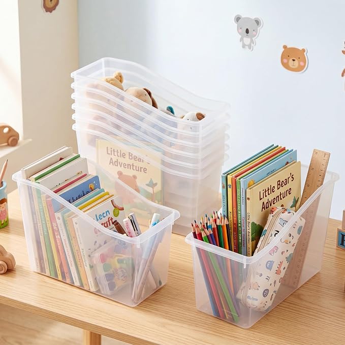 Fuutreo 24 Pcs Pieces Book Bins for Classroom Plastic Binder Holder Magazine Stuff Folder File Organizer Box for Home Office School Supplies (Clear)