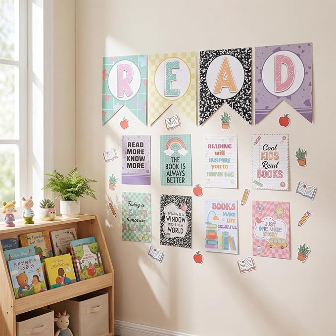 Reading Classroom Decorations Library Posters Bulletin Board Sets for Elementary Classroom Pennants Decor for Back to School Nursery Library Teacher Supplies(Macaron Colors)