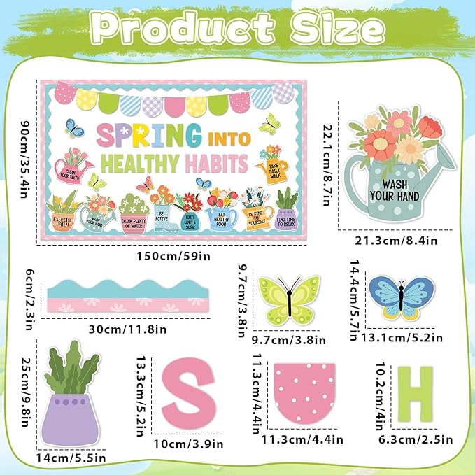 Spring Healthy Bulletin Board Set Spring Into Healthy Habits Classroom Decorations Colorful Flower Butterfly Flowerpot Paper Cutouts for School Party Nursery Chalkboard Home Office Wall Door Supplies