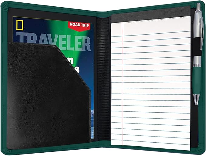 Classic Padfolio/Junior Portfolio Folder Case, Business A5 Binder Organizer Notepad for Men Women, 5 x 8 Writing Pad Included,Dark Green