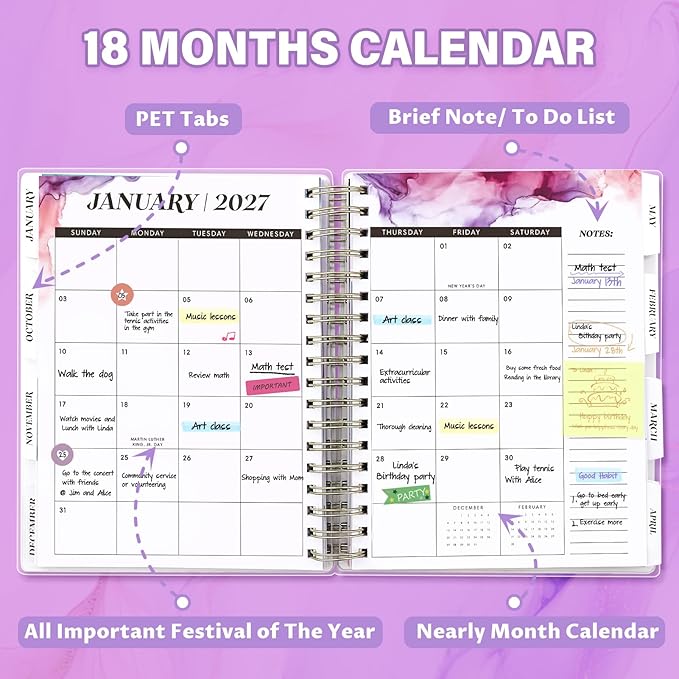 Planner 2026-2027, Large 18 Months Academic Daily Weekly Monthly Planner Yearly Agenda Jan. 2026–June. 2027, 7.9" x 9.8", Page Tabs, Separator Page, Pocket Folder, Bookmark, Stickers, Sticky Note Set