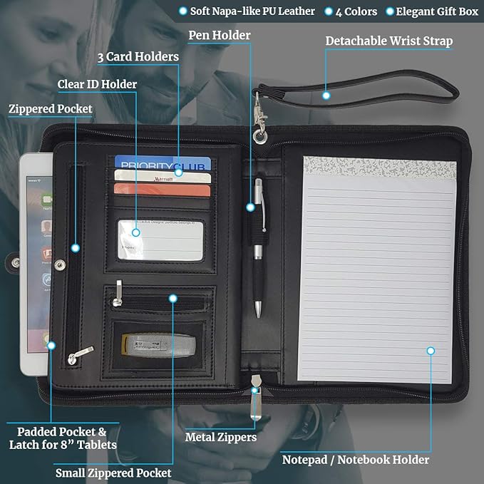 Zippered Portfolio Binder with Junior Legal 5x8 Notepad - Matt Black PU Faux Leather Business Padfolio Organizer Folder with 8 Inch Tablet Sleeve & Gift Box by Lautus Designs