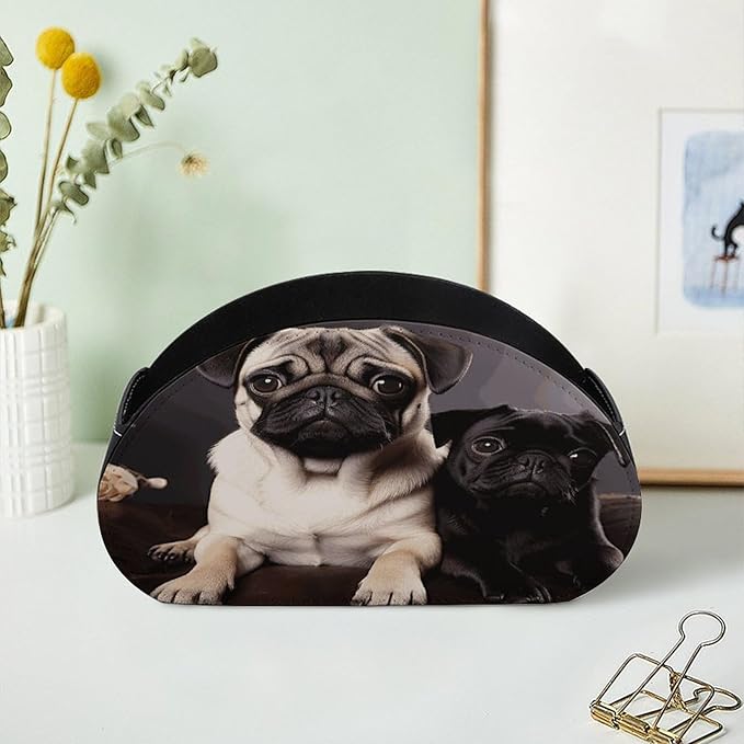 Pug Dogs Remote Control Organizer PU Leather Storage 5 Compartment Controller Holder Multi-functional Brush Organizer Box Office Supplies Caddy for Bedside