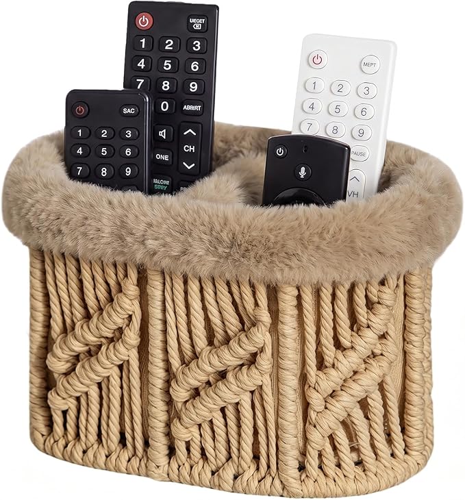 Remote Control Holder, Plush Lined TV Remoter Holder Caddy, Nightstand Desk Dresser Table Storage Organizer for TV Remotes, Media Controllers, Glasses, Office Supplies (Brown, 2 Slots)