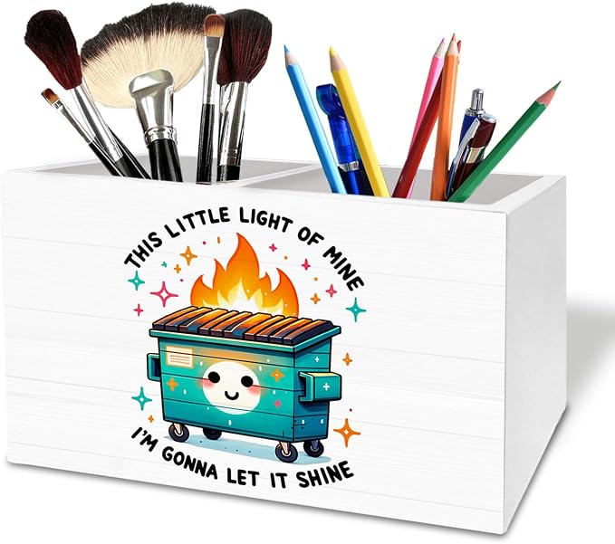 Funny Dumpster Fire Pen Holder for Desk, This Little Light of Mine Dumpster Fire Wooden Box Sign Desk Decor for Office Decoration, Humorous Pencil Organizer, Funny Coworker Gifts